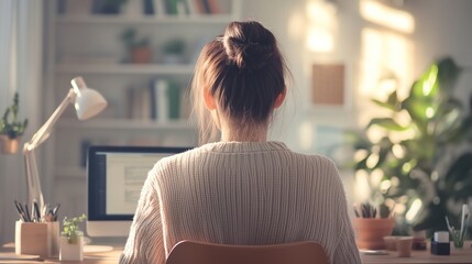 Woman taking a remote work break with coffee, home office setup with natural lighting