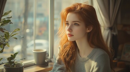 Woman enjoying coffee by a window in a clean home interior with natural light, simple and calming