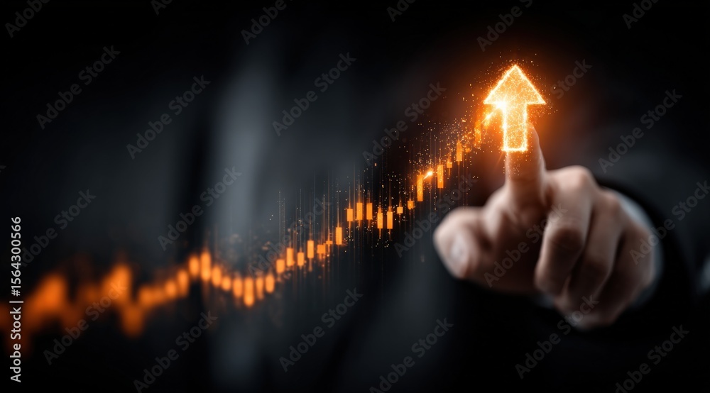 Aufkleber businessman hand interacting with digital growth chart and upward arrow on futuristic dark backgroun