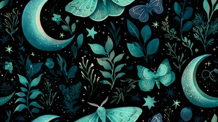 watercolor pattern with large teal crescent moons, generation AI 