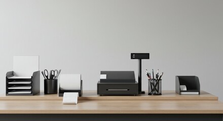 cashier&rsquo;s counter with a modern register, receipt roll, and basic workspace essentials.