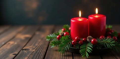 Two red candles in a berry wreath, Christmas decor, dark wood background , belief, salvation, berries