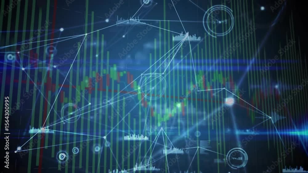 Poster on playback starting candlestick bars fading in network nodes expanding pulsing showing data trends
