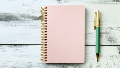 Pink notebook and green pen on white wood