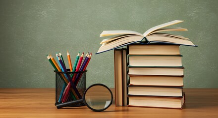 Back to School Stack of Books, Pencils, and Magnifying Glass