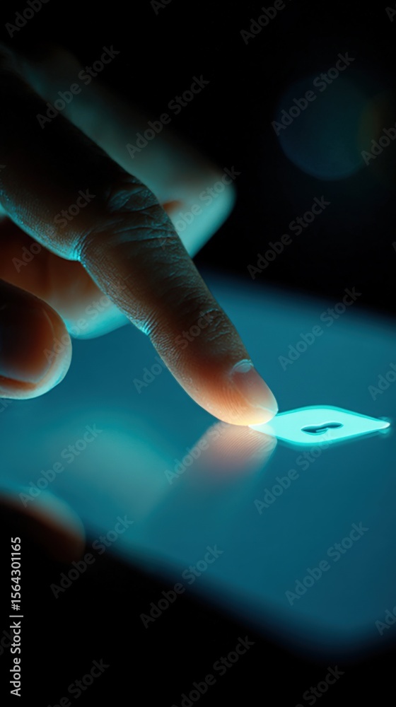 Poster Close-up of a human finger tapping on a glowing digital tablet screen illuminated with blue light in a dark environment with bokeh background