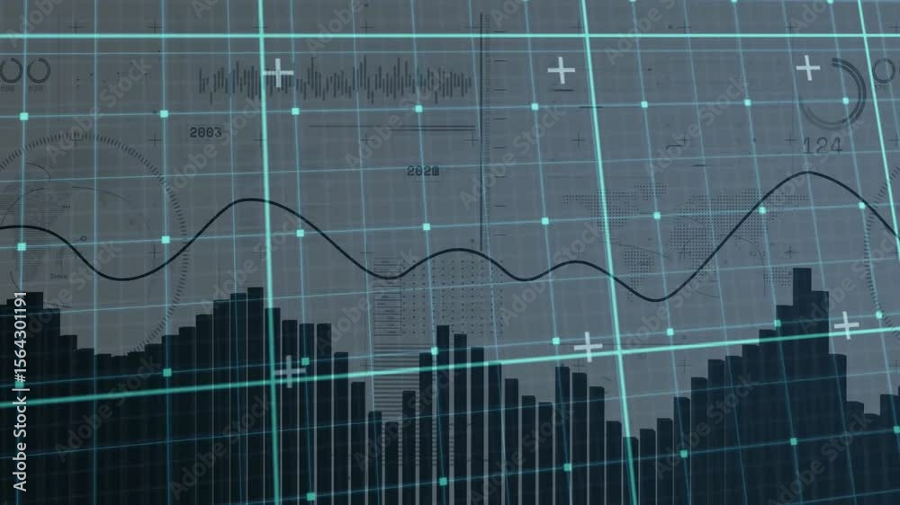 Poster grid stretching triggers bars rising and falling line graph scrolling and readouts, gauge updating
