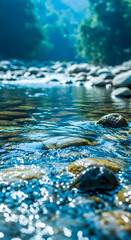 Serene river flows gently over smooth rocks, a soothing nature scene with sparkling water and lush greenery in the background.
