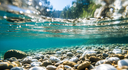 Sparkling underwater view of a shallow, clear stream bed filled with smooth river rocks and green foliage under a bright sky.