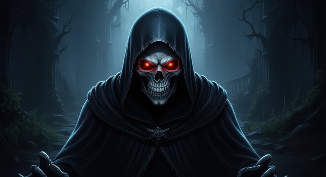 Grim Reaper standing in a dark spooky forest with glowing red eyes and outstretched hands