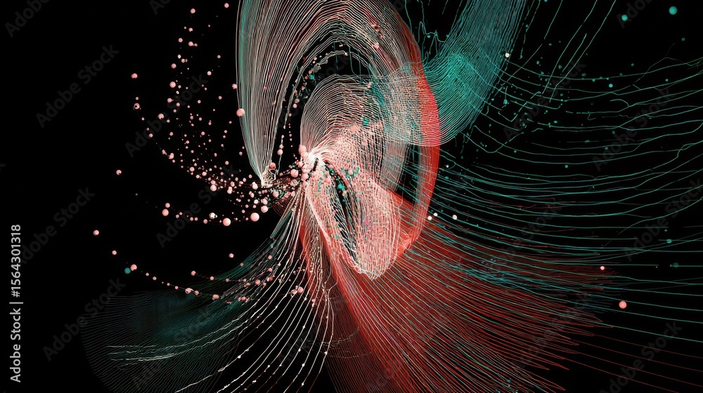 Poster abstract design of swirling lines and particles.