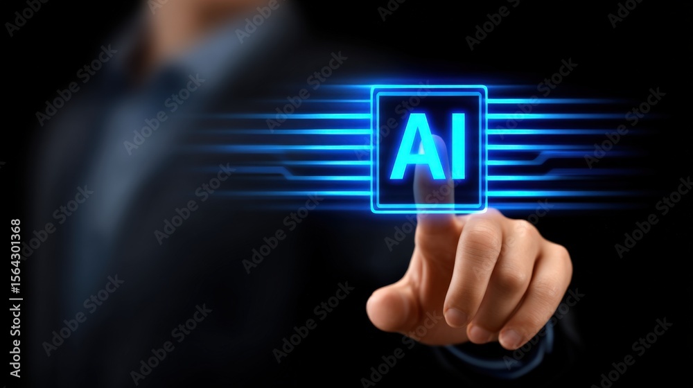 Aufkleber Futuristic AI Technology Concept with Digital Interface and Neon Blue AI Icon on a Human Hand in a Modern Working Environment
