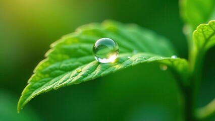 A single, perfectly round water droplet rests delicately on a vibrant green leaf, illuminated by soft, natural sunlight, showcasing the beauty of nature's simple details.