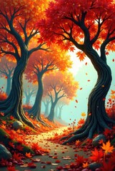 Autumnal Pathway Through a Whimsical Forest of Twisted Trees with Vibrant Red and Orange Leaves Falling Gently