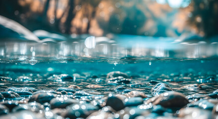 Smooth river rocks beneath tranquil water present a serene outdoor scene with reflections and shimmering surface
