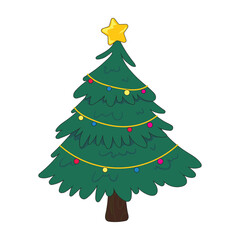 Cute Christmas tree vector illustration with yellow star on top, colorful lights, and festive decorations. Great for Christmas cards, invitations, winter crafts, seasonal graphics, and joyful holiday 
