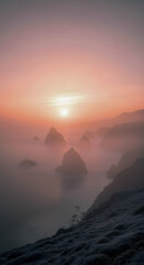 Dreamy coastal sunset bathes sea stacks in soft light, creating a tranquil and ethereal scene over the Pacific ocean.