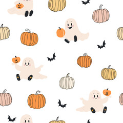 Seamless Halloween pattern with ghost, skull, pumpkin and bats.