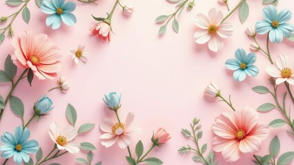 Pastel Floral Frame Delicate Paper Flowers Arranged in a Romantic Border on a Soft Pink Background