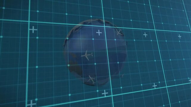 Frame three grid starting globe forming crosshairs moving and planes orbiting showing flight paths