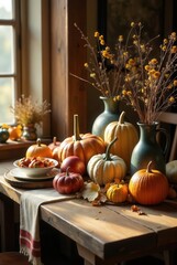 Autumnal Harvest Table Setting with Sunlit Pumpkins and Dried Flowers
