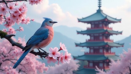 Serene avian perched on blossoming branch, ancient pagoda softly blurred in background