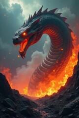 A fiery serpent, immense and terrifying, rises from a volcanic chasm, its scales glowing with infernal light, a breathtaking spectacle of mythical power and elemental fury