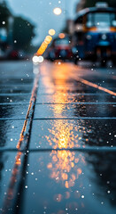 Rainy urban scene shows reflective city streets and colorful lights illuminating a wet cityscape during an evening shower.
