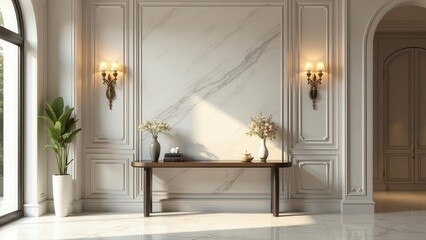 Elegant Interior Design Sunlit Hallway with Marble Wall, Console Table, and Ornate Wall Sconces