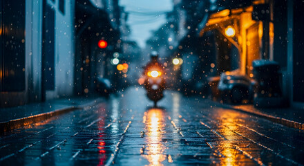 Rainy city street view presents a blurred motorcyclist on wet pavement, showcasing urban reflections and atmospheric conditions.