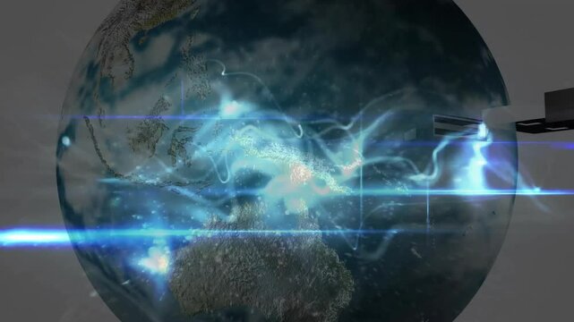 Blue energy sweeping digital globe at start, stylus scanning mid-latitude band energizing region