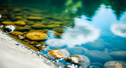 Pebbles under clear water present a tranquil nature scene, reflecting the sky and suggesting peacefulness and a meditative mood.