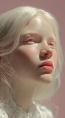 Naklejka premium Portrait of young caucasian female with pale features against pink background