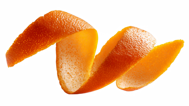 Swirling citrus zest presents a vibrant burst of orange peel against a bold background, perfect for culinary or healthy living concepts.