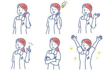 笑顔でポーズする若い女性看護師のセットイラスト