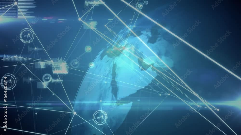 Poster after startup 3d globe rotating clockwise while data nodes, charts animating to show global network