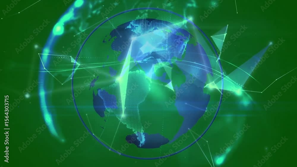 Poster starting globe rotating, drifting meshes connecting and pulsing into network, visualizing data flow