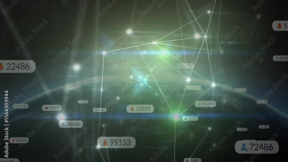Poster green horizon flare sparking growing earth node network and floating data labels showing data flow
