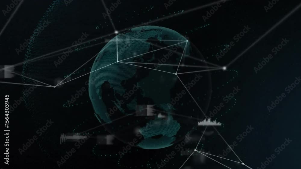 Poster 3d converging lines initiating rotating globe connecting data panels to visualize expanding network