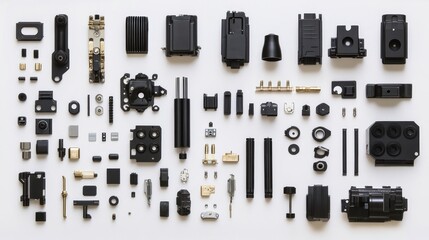 Black electronic components on white background