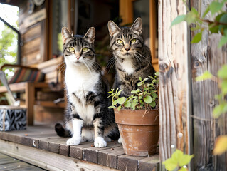 Two Tabby Cats Sitting on Rustic Wooden Porch Next to a Potted Plant – Cozy Cabin Lifestyle and Rural Pet Companionship