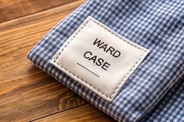 Blue Gingham Fabric with "Ward Case" Label: Rustic, Close-up Product Shot