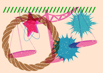 Risograph Scale with geometric shapes. Objects in trendy riso graph print texture style design with geometry elements.