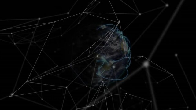 Digital globe emerging from void, rotating and assembling nodes, lines showing global connectivity