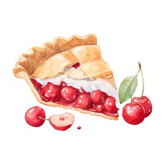 Watercolor Slice of Cherry Pie with Cherries