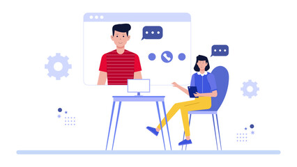 Video of woman and man in virtual meeting. Suitable for technology, business, work from home, remote teamwork concepts.