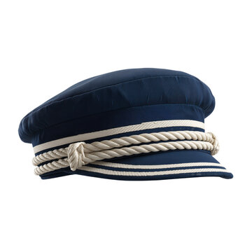 Detailed close up of a classic navy blue captains hat with rope trim detailing isolated on white transparent background PNG