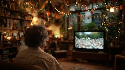 Obraz premium Elderly person watching a TV with a crowd displaying national flags on screen, in a warmly - lit room decorated with festive bunting and greenery, suitable for national holiday or patriotic event use.