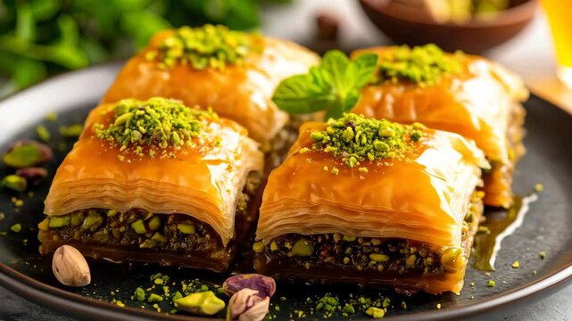 Golden baklava pastries glistening with syrup adorn a dark plate a culinary delight