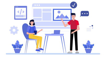 Two individuals showcasing various website designs together, suitable for web development and design presentations or business collaboration concepts.